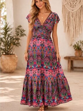 Anthropologie Vanessa Virginia Dress Women Size 4 Beaded Boho Mural Maxi